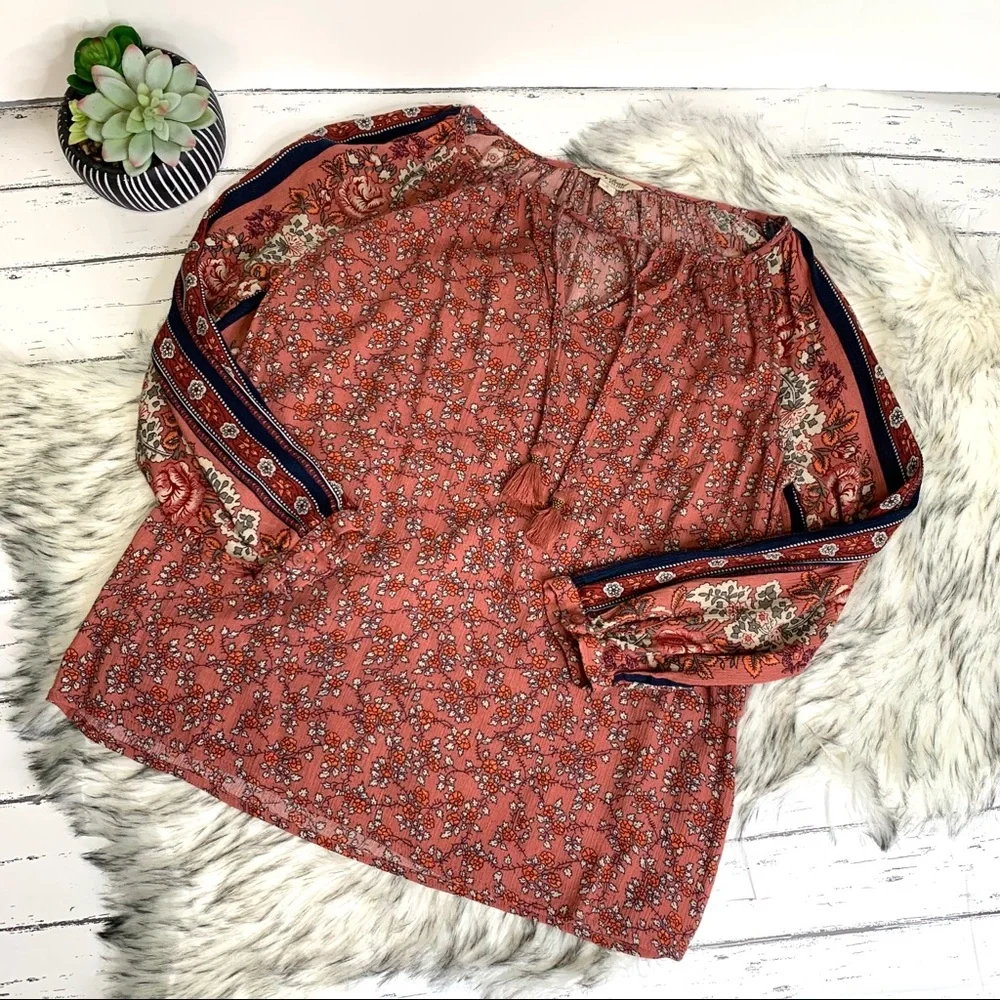 LUCKY BRAND Rust Boho Long Sleeve Contrast Stripe Floral Tassel-Tie Blouse, S - Picture 3 of 11